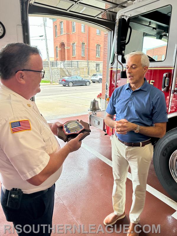Chief Justin Lee, President of the RI Southern Firefighters League presented Senator Algiere with the award at Westerly Fire Headquarters on Friday. 